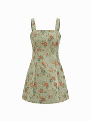 Floral Square Neck Tie Back A-line Mini Cami Dress