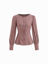 Plaid Round Neckline Long Sleeve Button Cinched Waist Blouse