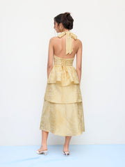 Jacquard Floral Halter V-neck Lace Up Backless Layered Maxi Dress