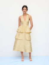 Jacquard Floral Halter V-neck Lace Up Backless Layered Maxi Dress