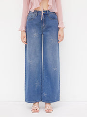 Cider Denim Mid Rise Starfish Rhinestone Baggy Jeans