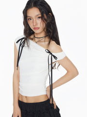Asymmetrical Neck Knotted Ruched Top