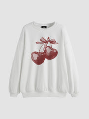 Cotton-blend Cherry Graphic Round Neckline Long Sleeve Oversized Sweatshirt