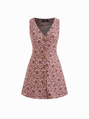 Jacquard V-neck Floral Button Uo Tie Back Mini Shift Dress