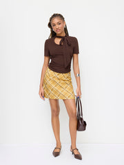Stand Collar Knotted Ruched Short Sleeve Tee