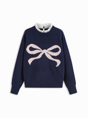 Knit Round Neckline Bowknot Graphic Lettuce Trim Long Sleeve Top