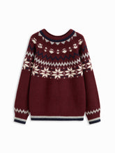 Knit Wool-blend Round Neckline Snowflake Pattern Striped Sweater
