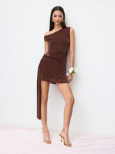 Mesh Asymmetrical Neck Glitter Draped Metal Detail Mini Dress