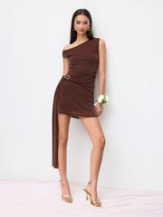 Mesh Asymmetrical Neck Glitter Draped Metal Detail Mini Dress