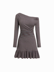 Asymmetrical Neck Striped Ruched Peplum Hem Mini Dress