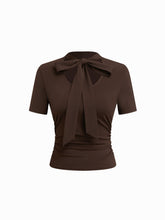 Stand Collar Knotted Ruched Short Sleeve Tee