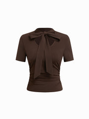 Stand Collar Knotted Ruched Short Sleeve Tee