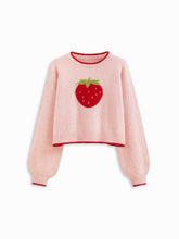 Knit Strawberry Contrasting Binding Round Neck Oversized Sweater