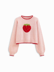 Knit Strawberry Contrasting Binding Round Neck Oversized Sweater