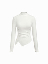 Stand Collar Ruched Asymmetrical Hem Long Sleeve Tee