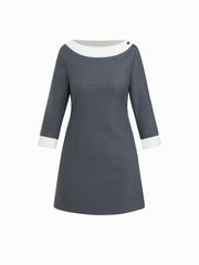 Cotton-blend Boat Neck Houndstooth Contrasting Binding Mini Dress
