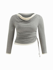 Cowl Neck Contrasting Binding Ruched Drawstring Long Sleeve Top Curve & Plus