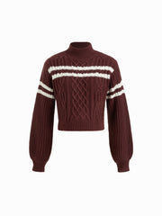 Cable Knit Striped Turtleneck Long Sleeve Top