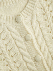 Cable Knit Round Neckline Hollow Out Drawstring Cardigan