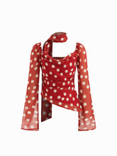 Chiffon Cowl Neck Polka Dot Pleated Long Sleeve Blouse With Scarf
