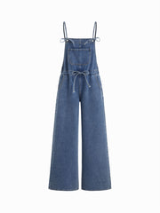 Denim Square Neck Bowknot Wide Leg Jumpsuit