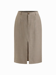 Houndstooth Mid Rise Elastic Waist Split Maxi Skirt Curve & Plus