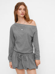 Cotton-blend Asymmetrical Neck Long Sleeve Knotted Bubble Hem Mini Dress