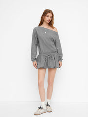 Cotton-blend Asymmetrical Neck Long Sleeve Knotted Bubble Hem Mini Dress