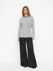 Cotton-blend Stripe Button Side Ruched Contrasting Binding Long Sleeve Tee
