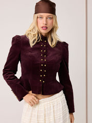 Corduroy Stand Collar Metal Detail Peplum Jacket