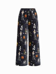 Flannel Mid Rise Halloween Skeleton Ghost Pumpkin Pocket Straight Leg Lounge Trousers