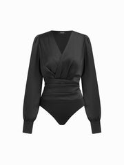 V-neck Solid Long Sleeve Ruched Bodysuit