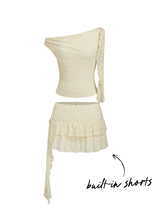 Lace Asymmetrical Neck Knotted Top & High Rise Ruffle Hem Layered Mini Skort Set
