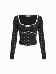 Cotton-blend Polka Dot Lace Bowknot Top & Mid Rise Lettuce Trim Straight Leg Trousers Loungewear Set