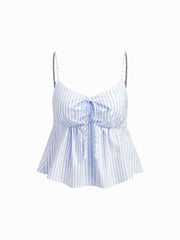 Cotton-blend V-neck Stripe Bowknot Cami Top & Mid Rise Wide Leg Trousers Loungewear Set