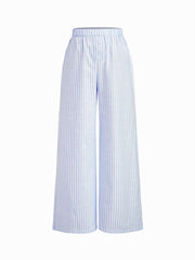 Cotton-blend V-neck Stripe Bowknot Cami Top & Mid Rise Wide Leg Trousers Loungewear Set