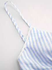 Cotton-blend V-neck Stripe Bowknot Cami Top & Mid Rise Wide Leg Trousers Loungewear Set