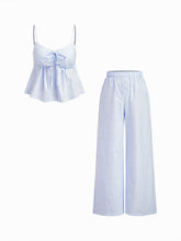 Cotton-blend V-neck Stripe Bowknot Cami Top & Mid Rise Wide Leg Trousers Loungewear Set