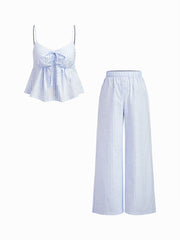 Cotton-blend V-neck Stripe Bowknot Cami Top & Mid Rise Wide Leg Trousers Loungewear Set