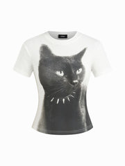 Cotton-blend Cat Graphic Round Neckline Short Sleeve Tee