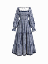 Cotton-blend Gingham Square Neck Long Sleeve Lace Trim Maxi Tiered Dress