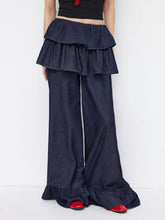 Denim Mid Rise Layered Ruffle Hem Wide Leg Jeans