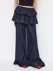 Denim Mid Rise Layered Ruffle Hem Wide Leg Jeans