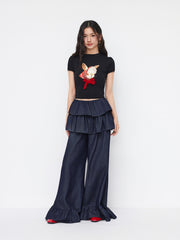 Denim Mid Rise Layered Ruffle Hem Wide Leg Jeans