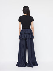 Denim Mid Rise Layered Ruffle Hem Wide Leg Jeans