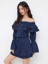 Denim U-neckline Bowknot Ruffle Layered Shirred Mini Dress