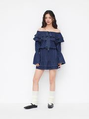 Denim U-neckline Bowknot Ruffle Layered Shirred Mini Dress