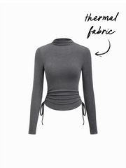 Thermal Cotton-blend Stand Collar Drawstring Ruched Tee