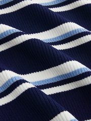 Knit Collar Stripe Button Mid-length Sleeve Top