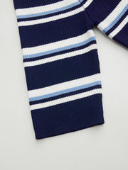 Knit Collar Stripe Button Mid-length Sleeve Top